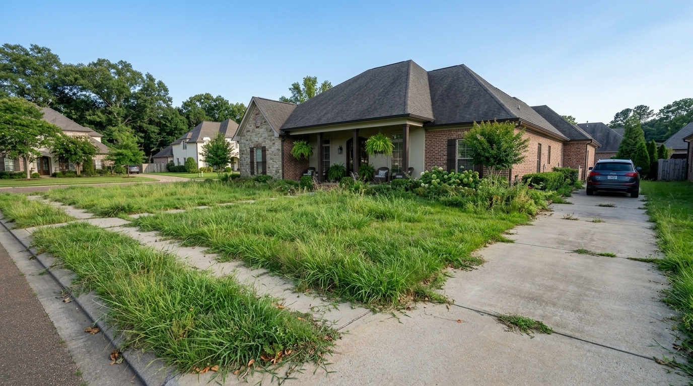Before — overgrown yard with weeds in sidewalk cracks